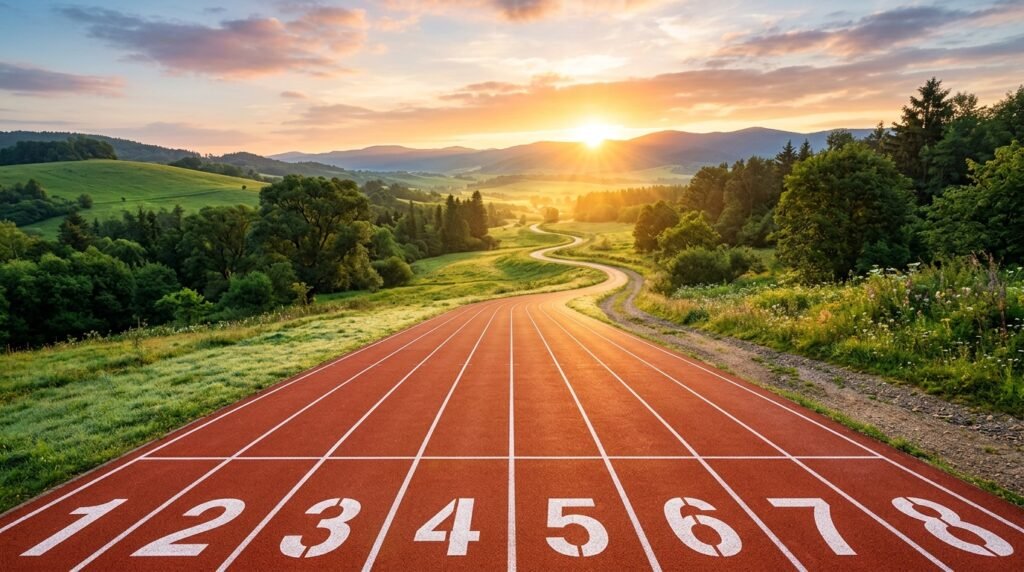 Une piste d'athlétisme rouge au lever du soleil avec les lignes de départ numérotées s'ouvrant sur un horizon verdoyant.