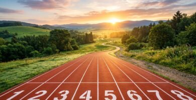 Une piste d'athlétisme rouge au lever du soleil avec les lignes de départ numérotées s'ouvrant sur un horizon verdoyant.