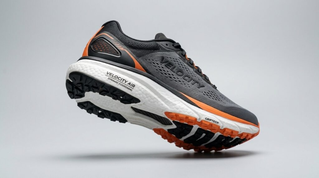 Gros plan studio sur la semelle intermédiaire amortissante et le tissu mesh léger d'une chaussure technique de running moderne