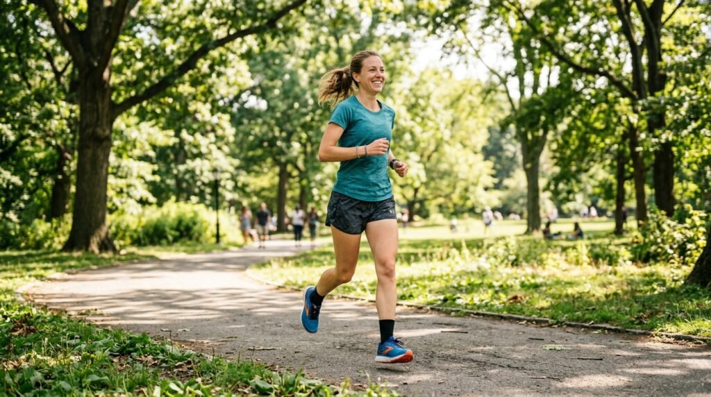 Un coureur souriant et détendu joggant à un rythme très lent et maîtrisé dans un parc arboré et ensoleillé.
