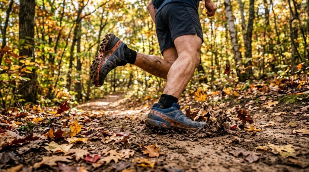 Vue au ras du sol de chaussures de course en plein mouvement sur un chemin en terre souple dans les bois.