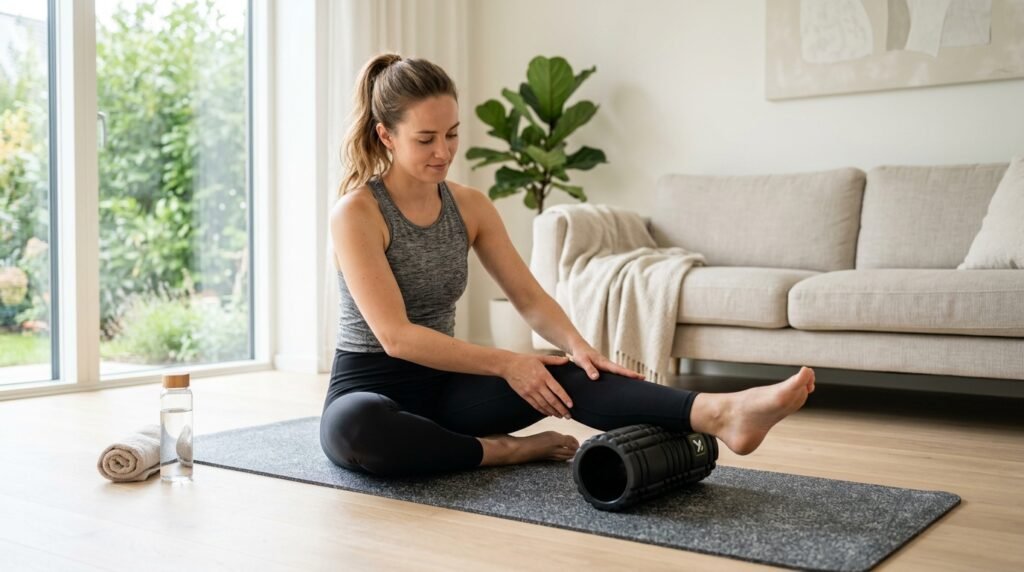 Une personne assise sur un tapis de sol d'un salon lumineux utilisant un rouleau de massage noir pour détendre ses mollets.