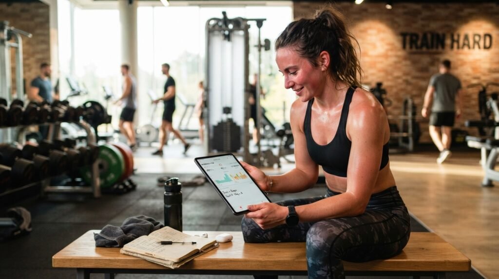 Sportive consultant ses résultats après huit semaines d'entraînement