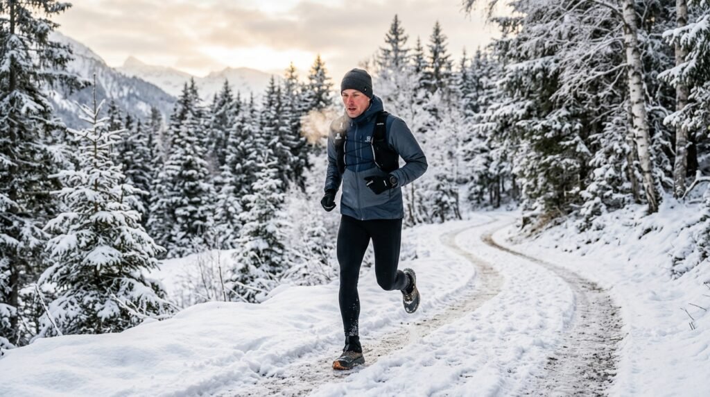 Homme courant en hiver avec des vêtements techniques par temps froid