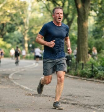 Débutant essoufflé qui court trop vite en extérieur, illustration des erreurs de course à pied