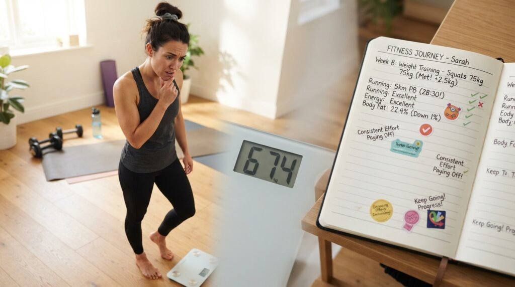 Personne frustrée devant une balance malgré ses efforts