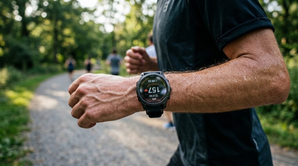 Coureur consultant sa fréquence cardiaque sur une montre GPS pendant un entraînement