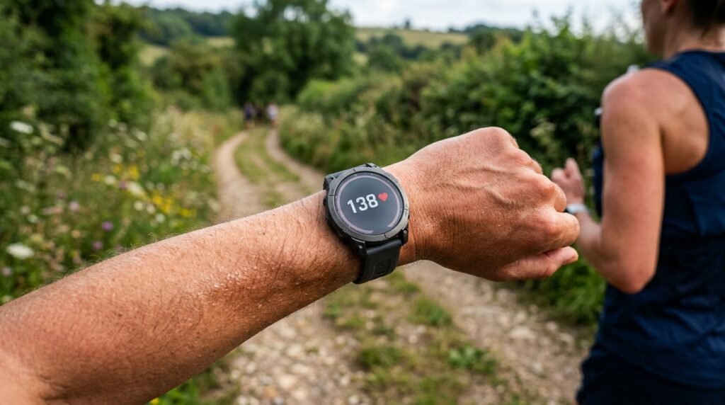 Montre GPS affichant la fréquence cardiaque pendant une sortie running