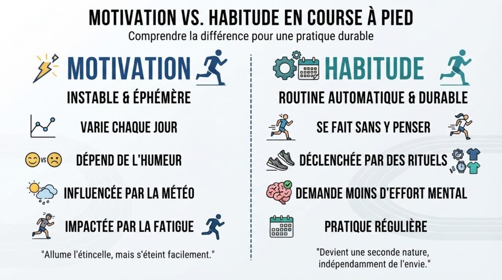 Schéma montrant que les habitudes permettent de courir même sans motivation
