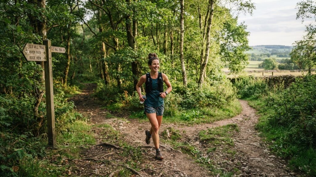 Coureur découvrant un nouveau parcours naturel pendant une sortie running