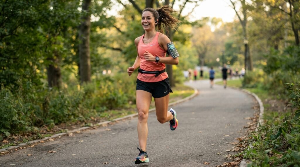 Coureur utilisant des écouteurs pendant une sortie running motivante