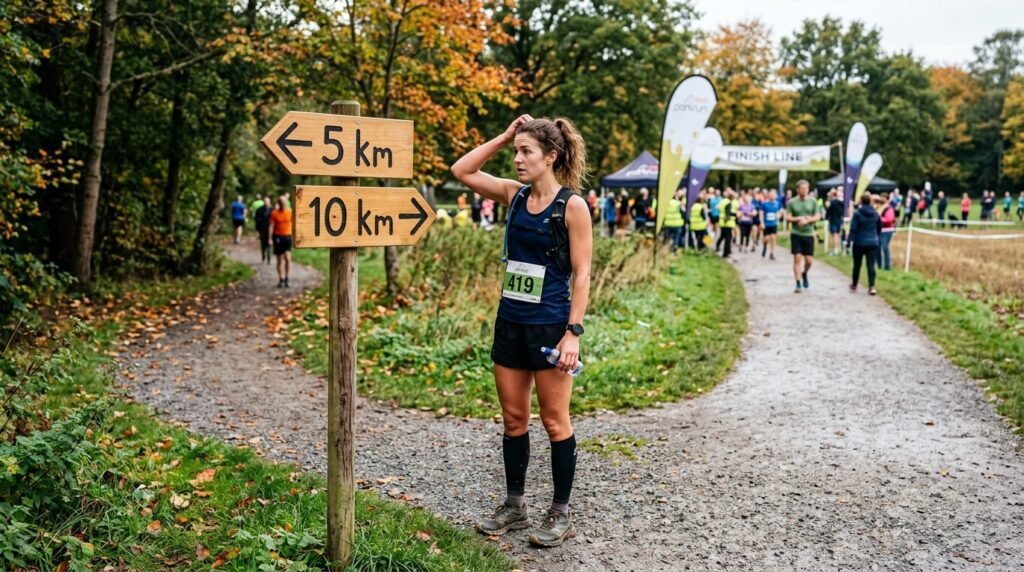 Coureur devant un panneau indiquant 5 km et 10 km