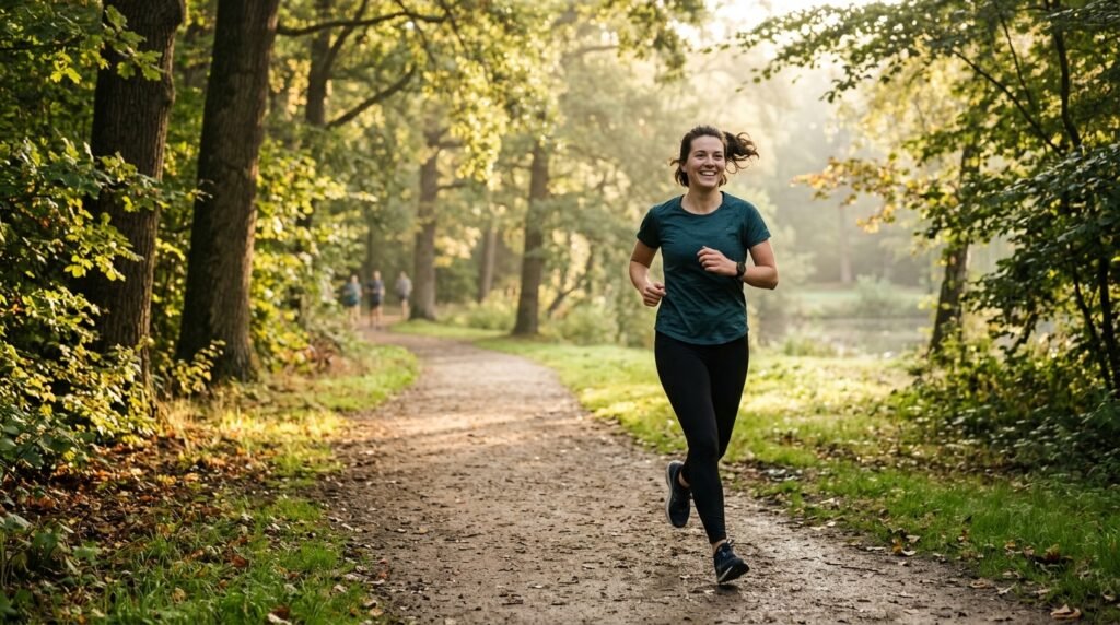 Coureur débutant courant dans un parc avec le sourire