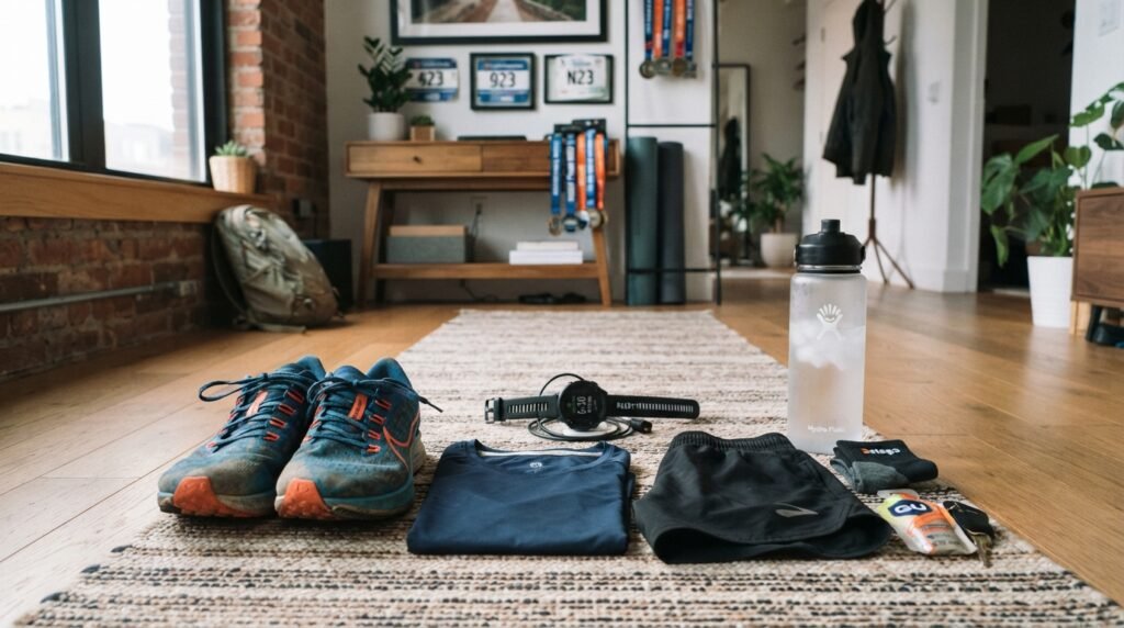 Coureur préparant son équipement avant une séance de running