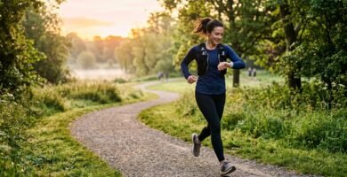 Débutant courant lentement en surveillant son rythme cardiaque pendant une séance de course à pied