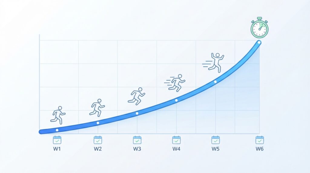 Graphique illustrant la progression d'un débutant en course à pied sur plusieurs semaines