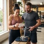 Personne suivant sa progression sportive après deux mois d'entraînement avec carnet de suivi, balance et mètre ruban