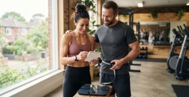 Personne suivant sa progression sportive après deux mois d'entraînement avec carnet de suivi, balance et mètre ruban